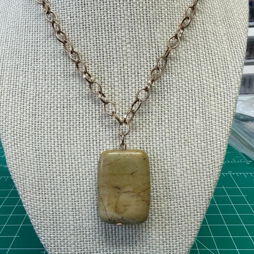 New handmade yellow Jasper‎ pendant, antique copper chain lobster clasp in box